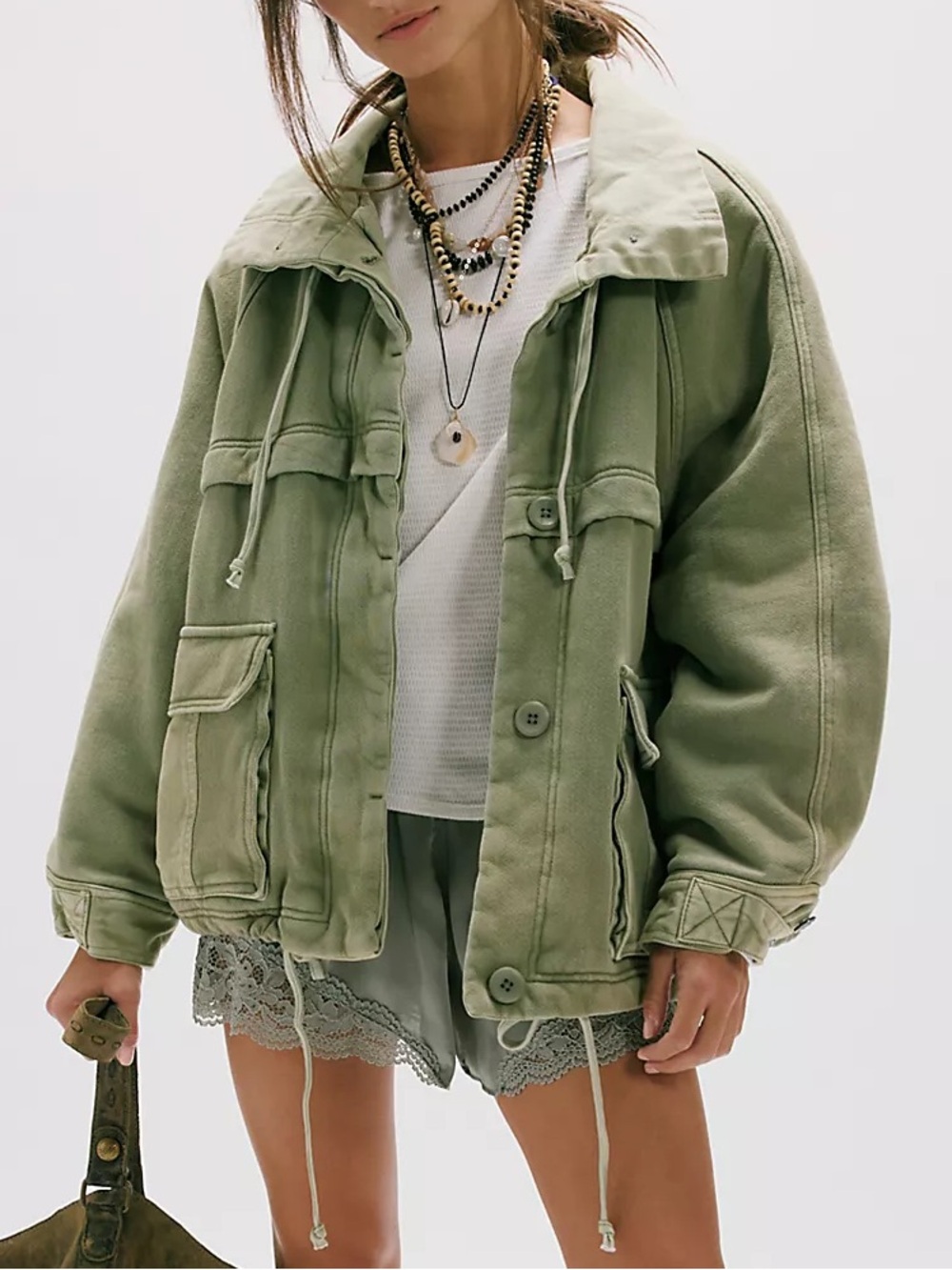 Free People Jojo Washed Oversized Funnel-Neck Jacket in Oil Green NWT